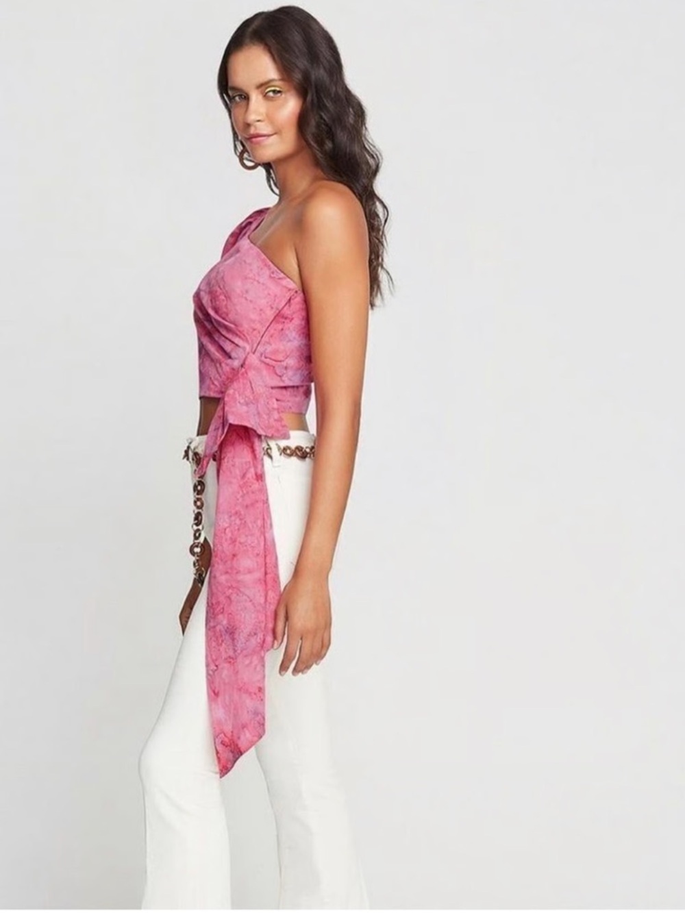 NWT Cindy Castro Simone One Shoulder Puff Sleeve Sash Top pink tie-dye 4
. - Picture 2 of 12